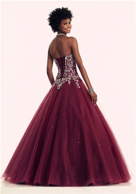 Ball Gown Sweetheart Corset Back Burgundy Tulle Beaded Prom Dress