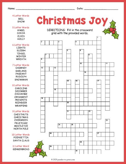 Holiday Crossword Puzzles For Adults