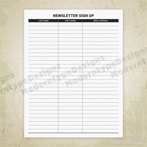 Newsletter Sign up Printable Form, Email List Sheet, Customer Signup