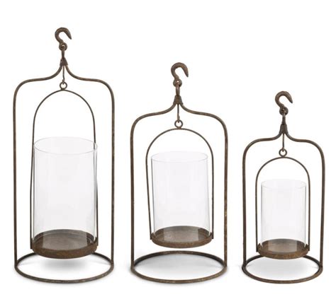 rustic metal hanging container  swinging hurricane glass timber
