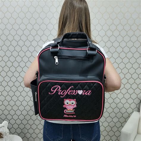 Bolsa Mochila Ref Preta Pink Personalizada Professora Elo