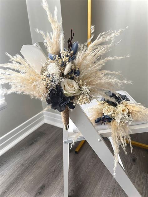 Pew Decor Dusty Blue Aisle Flowers Boho Pampas Grass Palm Leaves