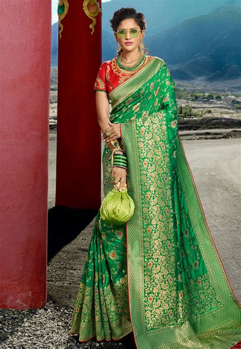 Green Silk Embroidered Festival Wear Saree