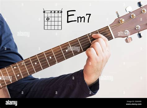 Learn Guitar Man In A Dark Blue Shirt Playing Guitar Chords Displayed