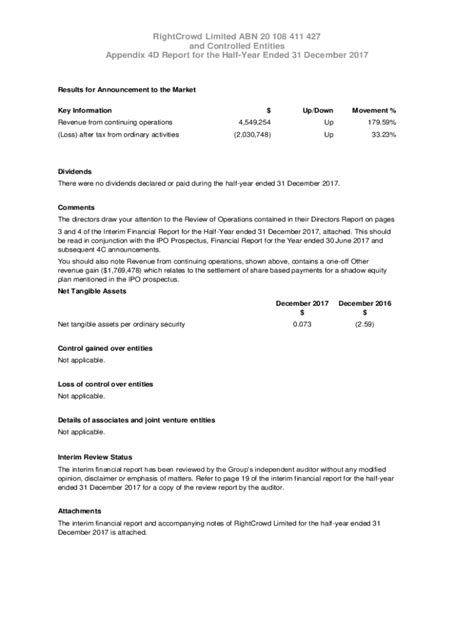 Fillable Online Whispir Limited Appendix 4d Half Year Report