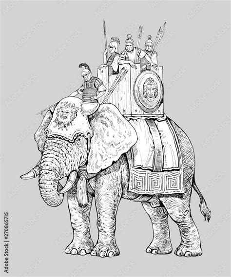 War elephant illustration, army of Carthage. Isolated black white historical illustration ...