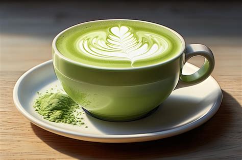 Premium AI Image Cup Of Green Tea Matcha Latte Foam Art With Powder