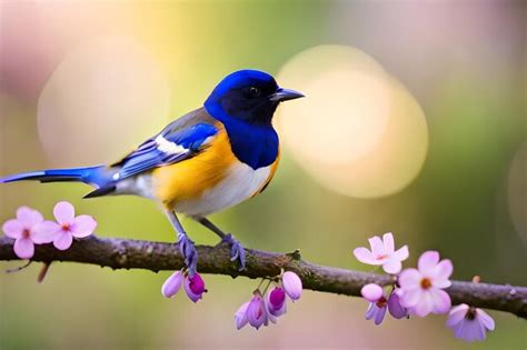 Premium AI Image A Blue And Yellow Bird Is Sitting On A Branch With