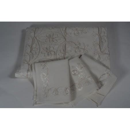 Nappe Et Serviettes En Coton Blanc Brod E Fils De Soie Dor S