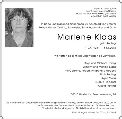 Trauer Und Todesanzeigen Von Marlene Klaas Trauer De