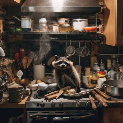 Premium Ai Image A Raccoon Sitting On Top Of A Stove In A Kitchen