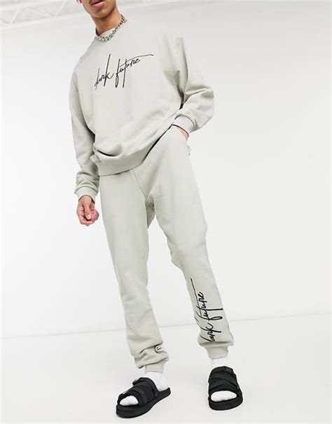 Asos Dark Future Co Ord Oversized Joggers With Script Logo In Ice Grey