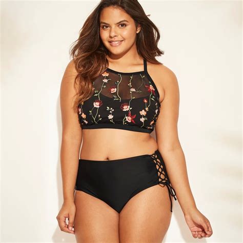 Plus Size Embroidered Mesh High Neck Bikini Top And Lace Up High Waist