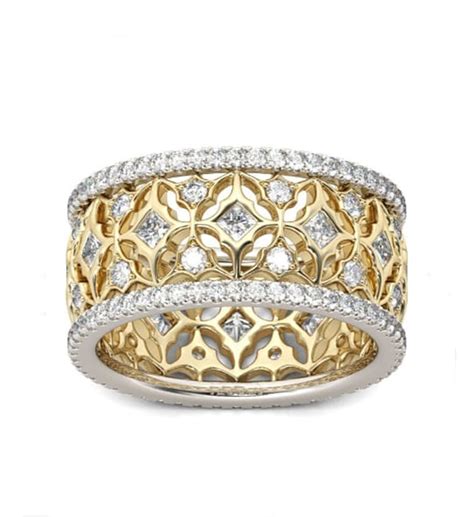 Gold Or Silver Two Tone Band Princess Cut Diamond Full Eternity Band Art Deco Diamond Stacking