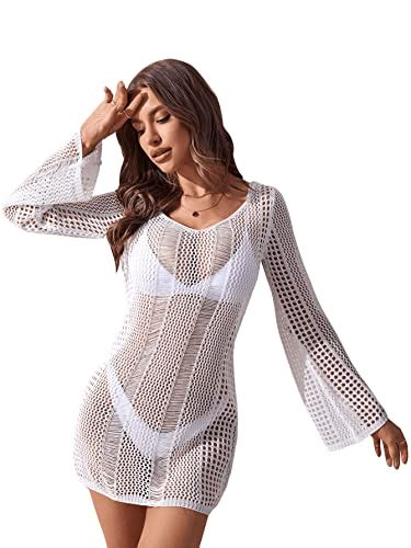 Floerns Women S Crochet Cover Up Long Sleeve Hollow Out Bikini Swimsuit