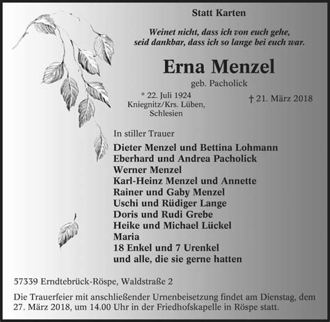 Traueranzeigen Von Erna Menzel Trauer In Nrw De