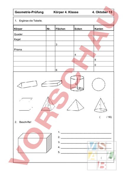 Arbeitsblatt Test K Rper Geometrie K Rper Figuren