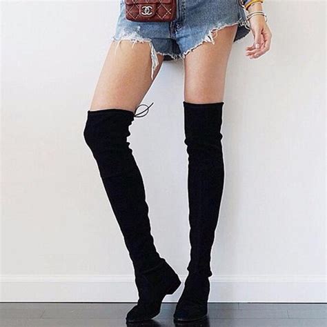 Newest Women S Fashion Sexy Flat Suede Over Knee Boot Lace Up Stretch Slim Thigh High Boots