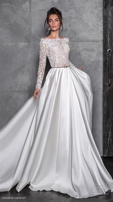 Satin Bottom Lace Top Off Shoulder Long Sleeves Flowy Wedding Dress