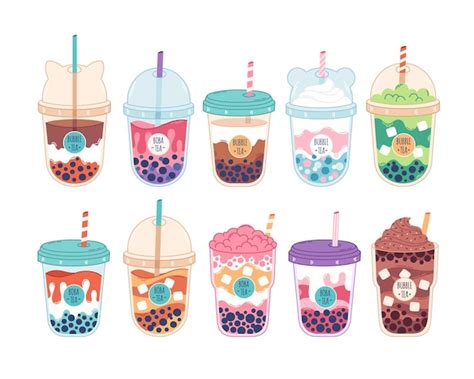 Premium Vector Collection Of Bubble Milk Tea With Tapioca Pearls Boba