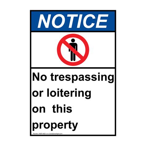 Vertical No Trespassing Or Loitering On Property Sign Ansi Notice