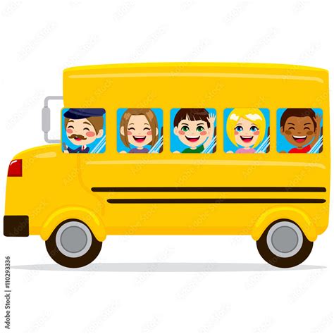 Illustration Of School Bus With Cute Happy Kids And Driver Stock Vector