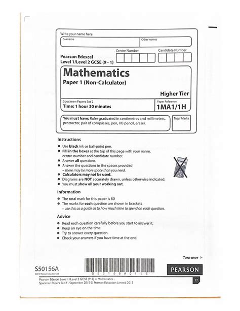 Pdf Edexcel Maths Specimen Set 2 Paper 1 H · 2020 12 14 · Pearson Edexcel Level 1level 2