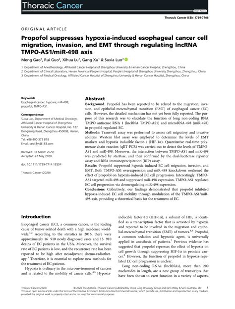 PDF Propofol Suppresses Hypoxiainduced Esophageal Cancer Cell