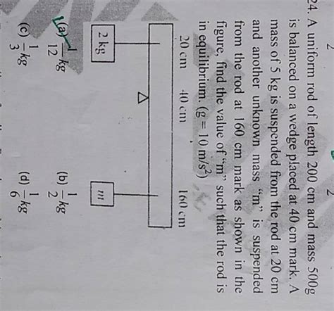 A Uniform Rod Of Length Cm And Mass G Is Balanced On A Wedge