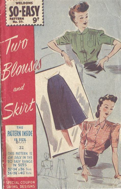 1940s WW2 Vintage Sewing Pattern B32 BLOUSE SKIRT 1362R The