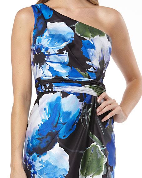 Carmen Marc Valvo Infusion Floral Printed One Shoulder Mikado Gown