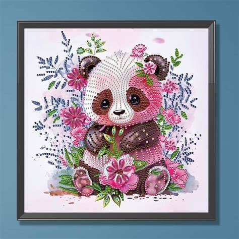 Diy Partial Special Shaped Drill Diamond Painting Pink Flower Panda