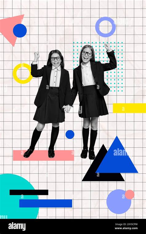 Vertical Photo Collage Of Happy Blonde Brunette Schoolgirls Education Concept Wear Uniform