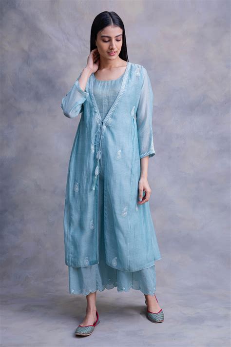 Buy Chandbari Blue Chanderi Angrakha With Inner Online Aza Fashions