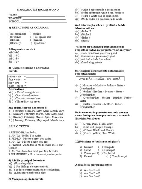 Simulados Em Ingles - Simulado de Ingles 6º Ano | PDF | Cor