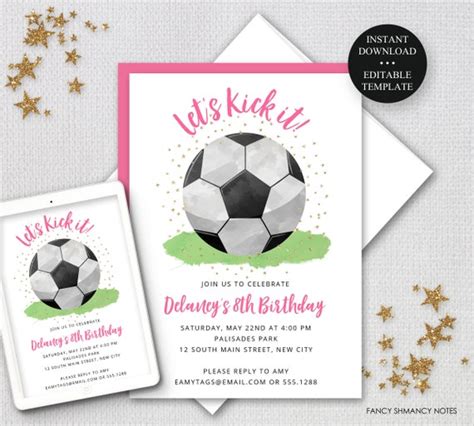 Editable Soccer Kick It Birthday Party Invitation Template Any Age