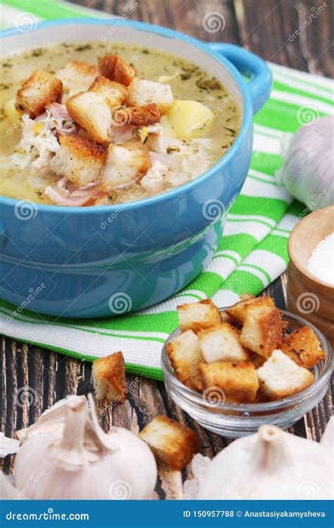 A Bowl With Traditional Czech Garlic Soup Cesnecka Stock Photo Image