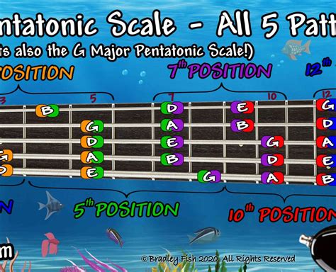 All 5 of the 5-string Bass A Minor Pentatonic Scale Patterns. Its also ...