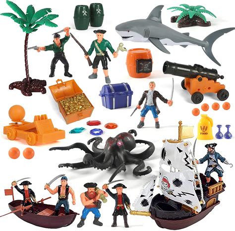 Pirate Action Figures Playset with Boat, Treasure Chest, Cannons, Shark ...