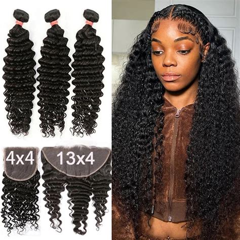 28 30 Inch Deep Wave Human Hair Bundles With 13x6 Frontal Brazilian Remy Bundles Human Hair