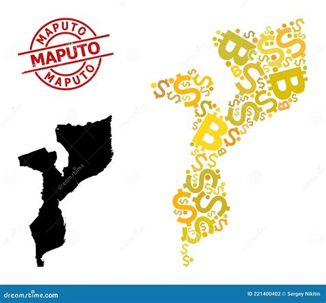 Rubber Maputo Badge With Money And Bitcoin Gold Collage Map Of