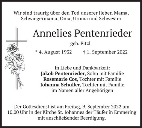 Traueranzeigen Von Annelies Pentenrieder Trauer Merkur De