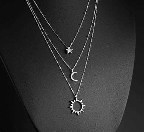 Silver Sun Moon And Star Layered Necklace Three Layer Necklace Fine