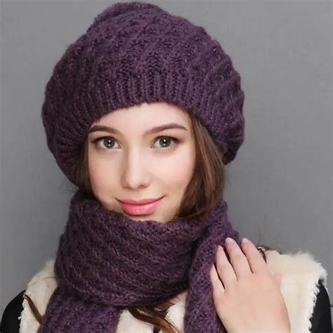 Conjunto de gorro e cachecol feminino chapéu de malha elegante estilo