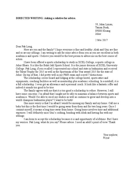 Directed Writing Sample Informal Letter