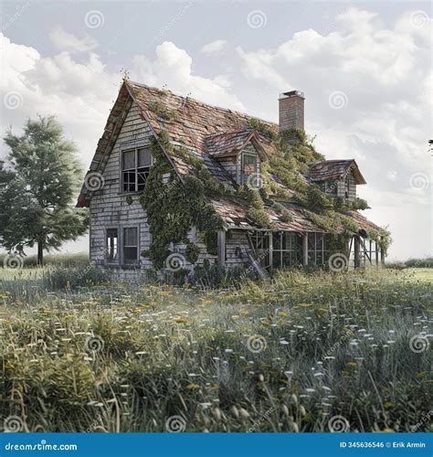An Old Farmhouse With A Sagging Roof And Overgrown Weeds, Situated In A