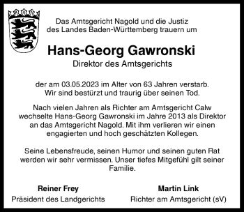 Traueranzeigen von Hans Georg Gawronski Schwarzwälder Bote Trauer