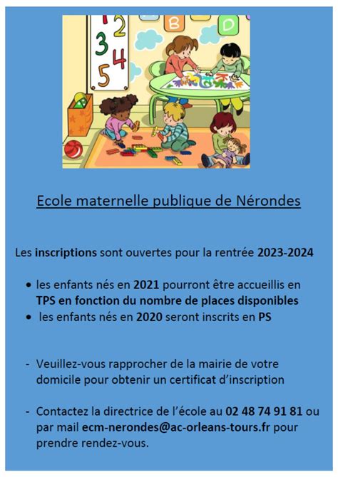 Rentrée 2023 inscription à l école maternelle de Nérondes Mornay Berry