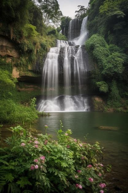 Una Cascada En El Bosque Con Un Fondo Verde Y Una Planta Verde Con La