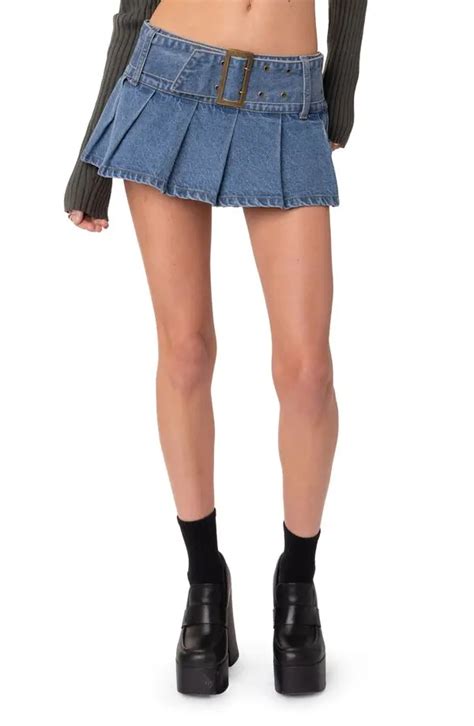 Edikted Belted Pleated Low Rise Denim Microminiskirt Blue Editorialist